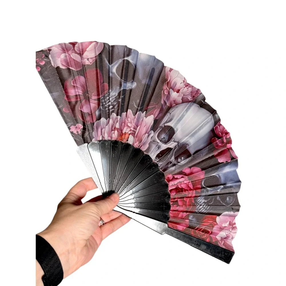 Gothic Skull Floral large Folding Hand Fan Pink Black Festival Rave Accessory